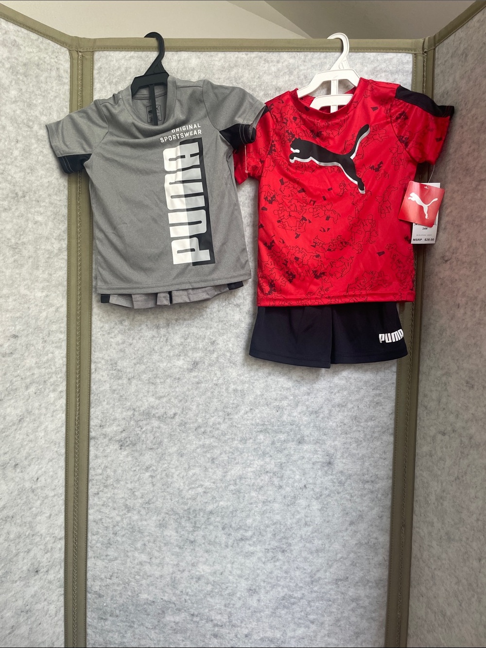 Puma Gray Graphic Tee with gray shorts and Red Puma Logo Tee with Black Shorts